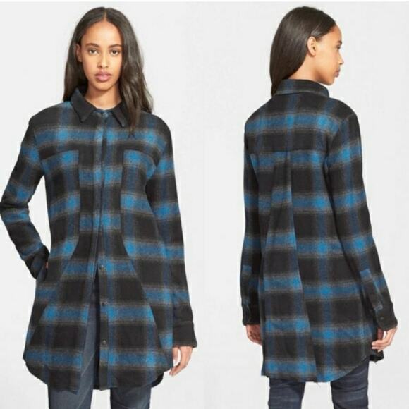 RtA Genevieve Stripe Plaid Wool Flannel Shirt Dress Womens S Small Blue Black - Picture 1 of 5